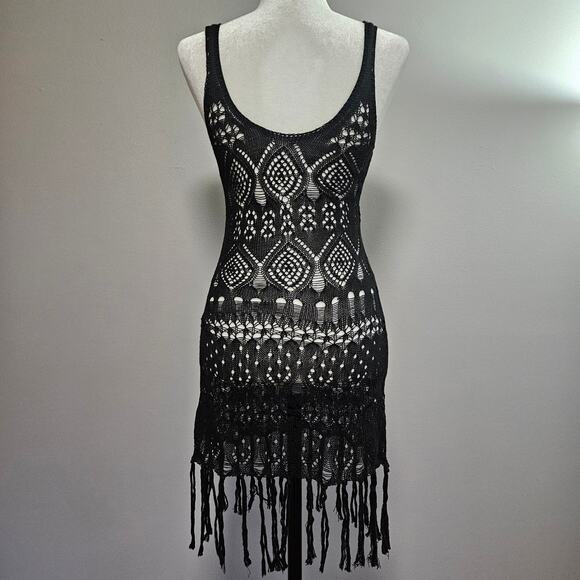 Black Knit Fringe Dress Size Small Boho Crochet Beach Cover Up Summer Festival - Picture 3 of 6